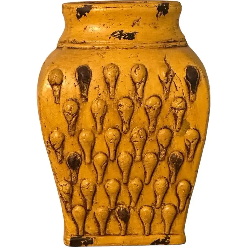 Mid Century Italian Yellow-Gold Distressed Ceramic Pottery 14” Tall Vase Rustic